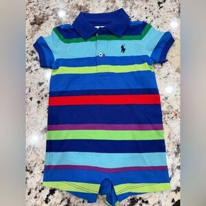 Ralph Lauren Boys Polo Blue, Green, and Red Stripes short romper